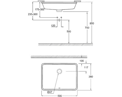 Technický výkres umyvadla s rozměry