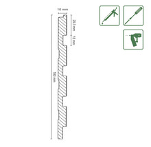 Technický výkres soklové lišty o rozměrech 180 milimetrů délka, 10 milimetrů tloušťka a 29,3 milimetrů šířka