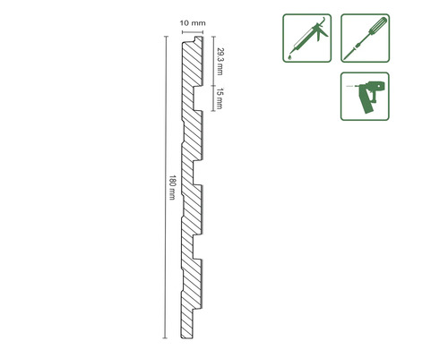 Technický výkres soklové lišty o rozměrech 180 milimetrů délka, 10 milimetrů tloušťka a 29,3 milimetrů šířka