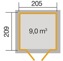 Půdorys o rozměrech 205 x 209 cm a objemu 9,0 metrů krychlových