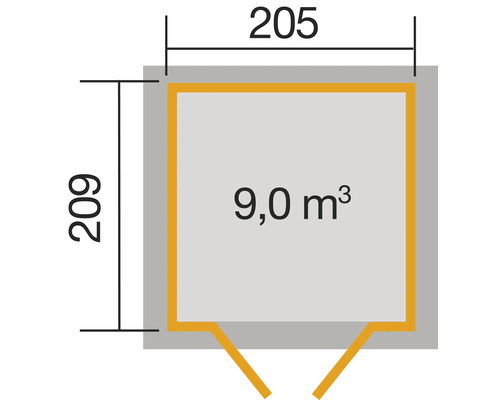Půdorys o rozměrech 205 x 209 cm a objemu 9,0 metrů krychlových