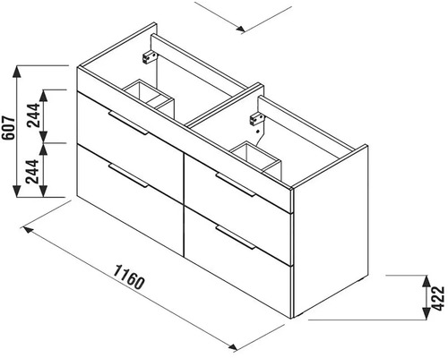 Nákres skříňky pod umyvadlo se zásuvkami a rozměry.
