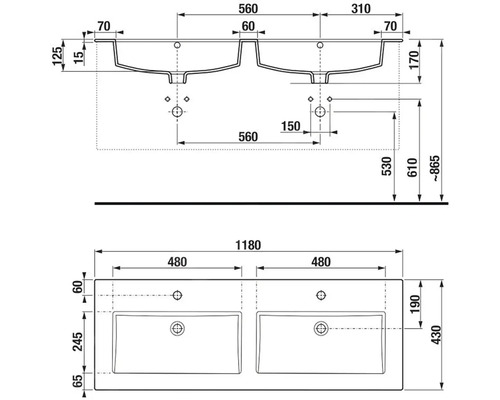 Technický nákres dvojitého umyvadla s rozměry