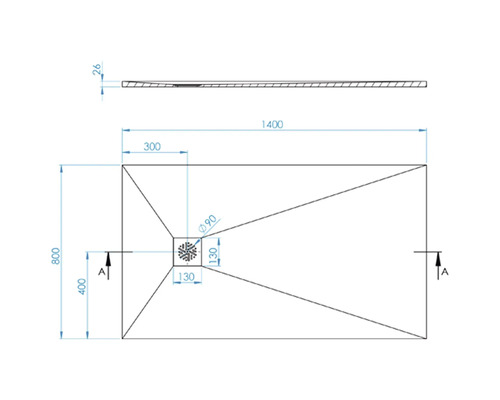 Technický nákres sprchové vaničky s rozměry.