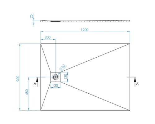 Technický nákres sprchové vaničky s rozměry