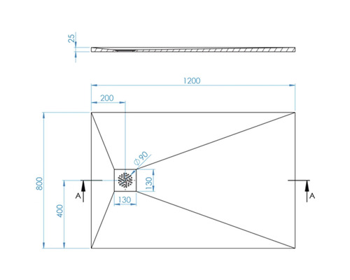 Technický nákres sprchové vaničky s rozměry