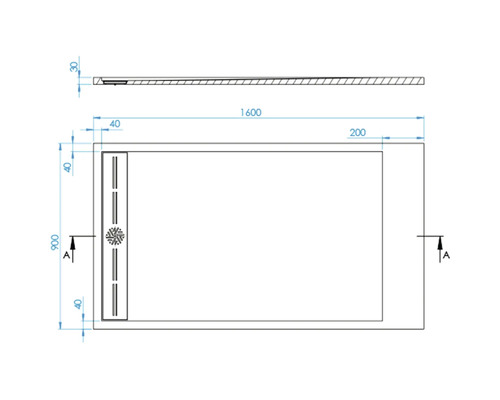 Technický výkres sprchové vaničky s rozměry.