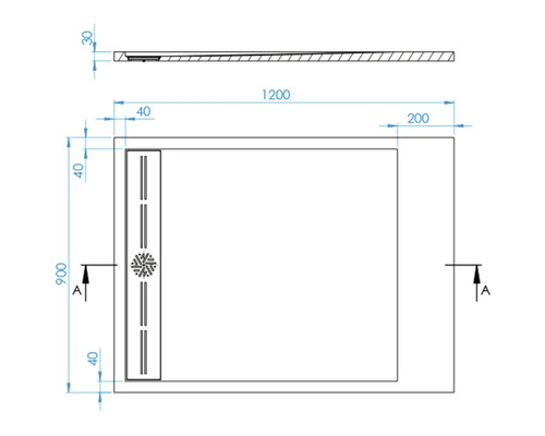 Technický nákres sprchové vaničky o rozměrech 1200 x 900 milimetrů.