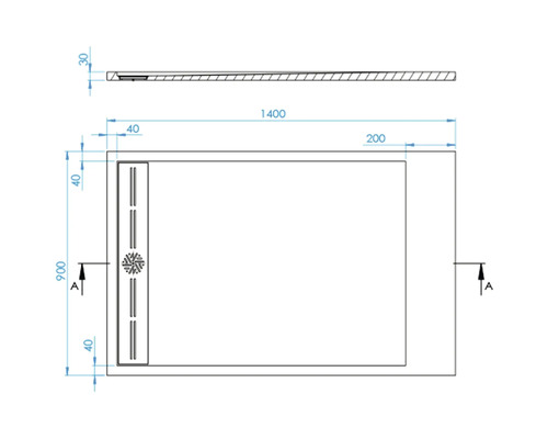 Technický výkres sprchové vaničky s rozměry