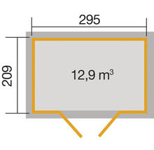 Půdorys s rozměry 295 x 209 a objemem 12,9 metrů krychlových