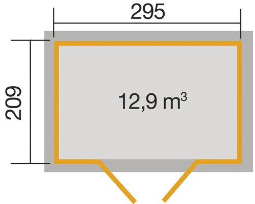 Půdorys s rozměry 295 x 209 a objemem 12,9 metrů krychlových