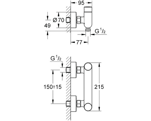 Technický výkres rohového ventilu s rozměry