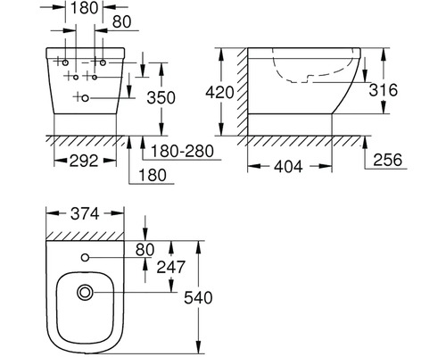 Technický výkres závěsného bidetu s rozměry