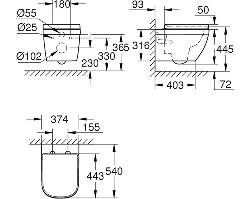 Technický nákres závěsného WC s rozměry