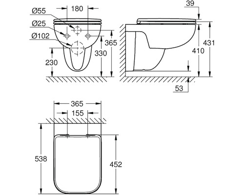 Technický nákres závěsného WC s rozměry