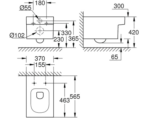 Technický nákres závěsného WC s rozměry