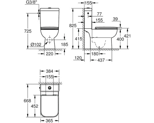 Technický výkres stojící toalety s rozměry.