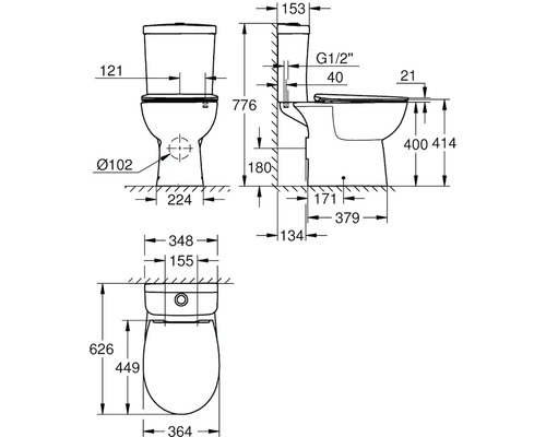 Technický nákres stojící toalety s rozměry.