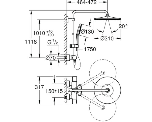 Technický nákres sprchového systému s hlavovou a ruční sprchou a rozměry