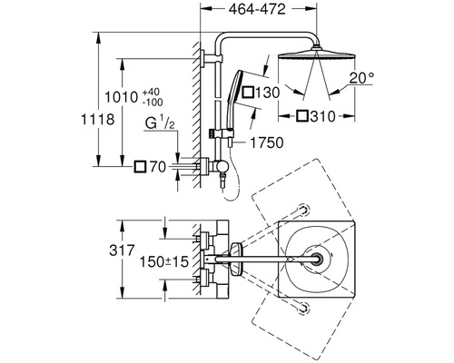 Technický nákres sprchového systému s rozměry