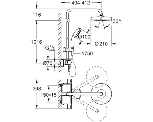 Technický výkres sprchové baterie s rozměry