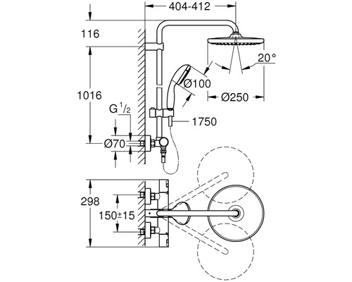 Technický nákres sprchového systému s rozměry