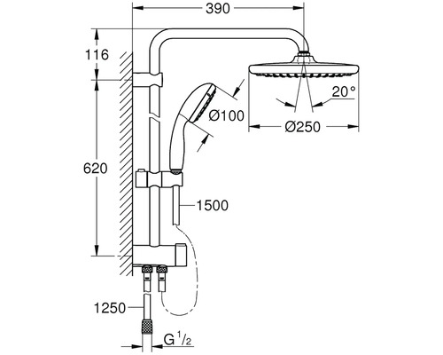 Technický nákres sprchového systému s horní sprchou, ruční sprchou a rozměry