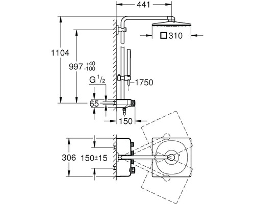 Rozměrový nákres sprchové armatury s hlavovou a ruční sprchou s rozměry