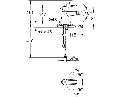 Technický výkres vodovodní baterie s rozměry