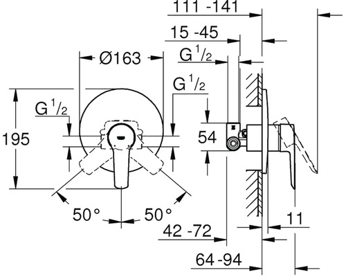 Technický nákres armatury s rozměry