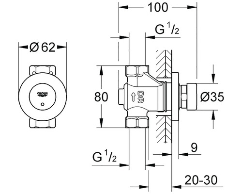 Technický nákres ventilu Grohe s rozměry