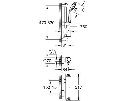 Technický výkres sprchového systému s různými rozměry.