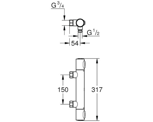 Technický nákres termostatu s rozměry
