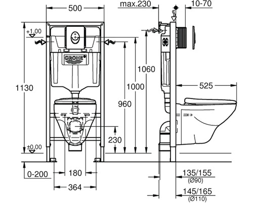 Technický nákres WC s nádržkou a rozměry