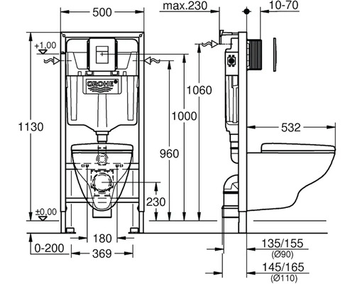 Technický výkres závěsného WC s nádržkou a rozměry.