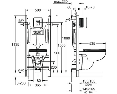 Technický nákres WC Grohe s rozměry.