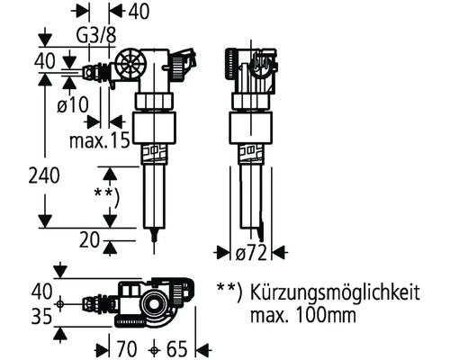 Technický nákres rohového regulačního ventilu s rozměry.