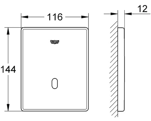 Technický nákres ovládacího panelu Grohe s rozměry