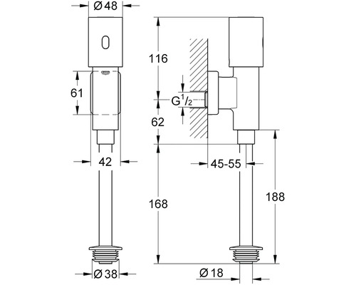 Technický nákres rohového ventilu s rozměry
