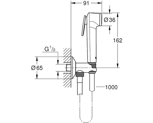 Technický nákres bidetové sprchy s rozměry
