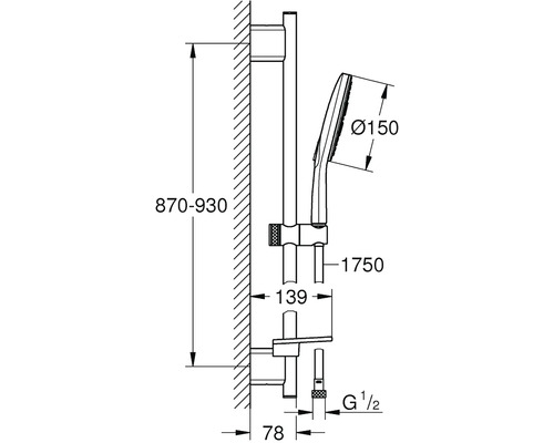 Technický nákres sprchové tyče s ruční sprchou a rozměry