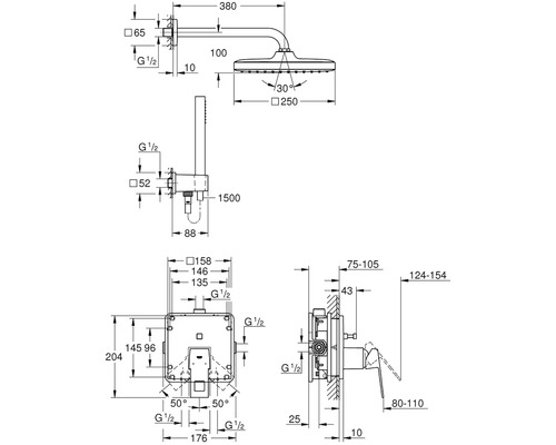 Technický nákres sprchového systému s rozměry