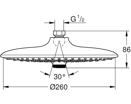 Technický nákres sprchové hlavice s rozměry