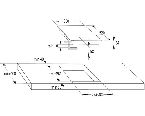 Nákres instalace varné desky s rozměry.