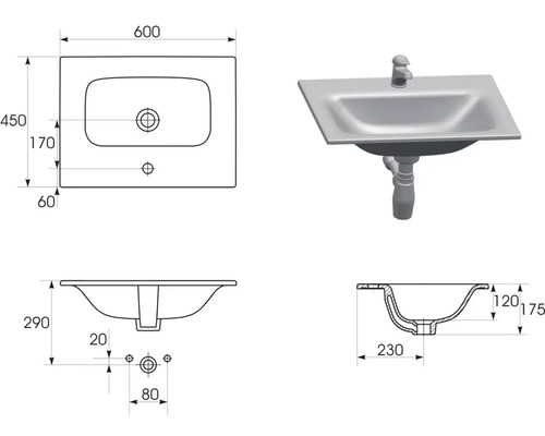 Technický nákres umyvadla s rozměry.