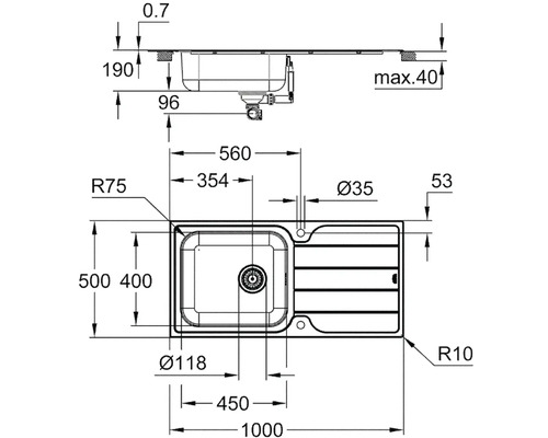 Technický nákres dřezu s rozměry