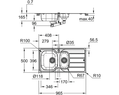 Technický výkres kuchyňského dřezu s rozměry