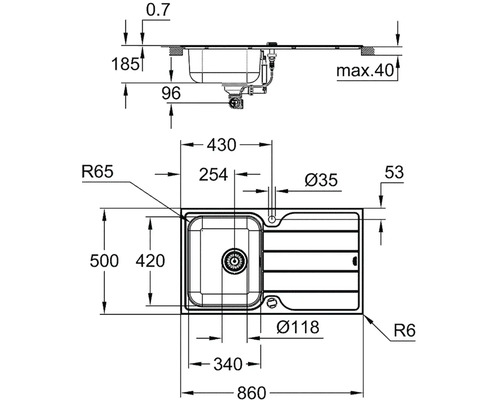 Technický nákres dřezu s rozměry