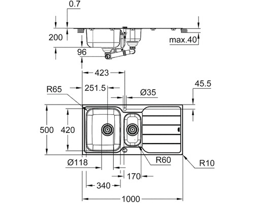 Technický nákres kuchyňského dřezu s rozměry