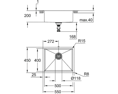 Technický výkres dřezu s rozměry